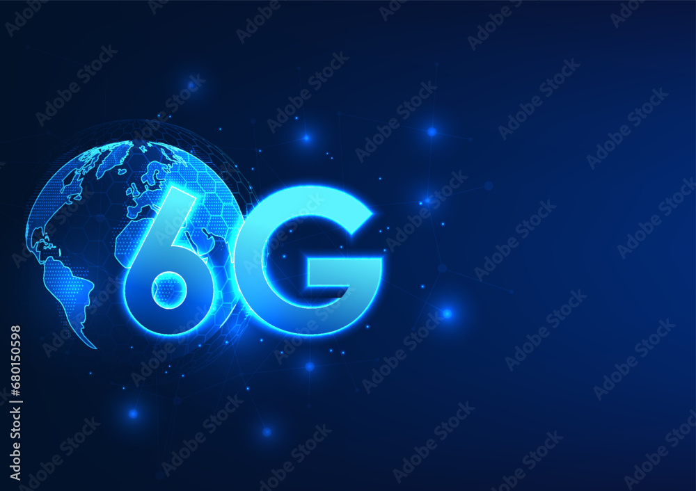 Poster telecommunication technology, the world in front is a 6g signal with connection lines it represents 