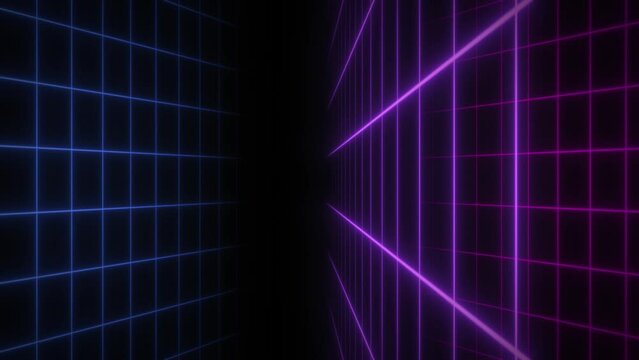Synthwave wireframe net flip pages effect. Abstract digital background. 80s, 90s Retro futurism, Retro wave cyber grid. Deep space surfaces. Neon lights glowing. Turning grids pink and blue color