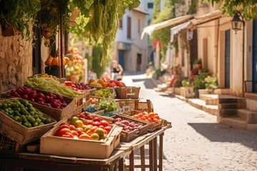 Tuinposter Street outdoors market of vegetables and fruits in the old city © Veniamin Kraskov