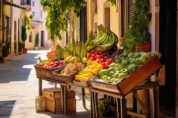 Street outdoors market of vegetables and fruits in the old city