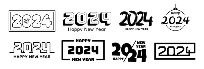 2024 logo. Happy New Year calendar. Chinese symbols. Text font. Christmas numbers. Anniversary celebration. December holiday calligraphy or typography for party. Vector icons design set