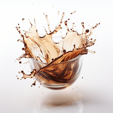 Realistic spilled coffee from a cup, liquid in an isolated background, flying object