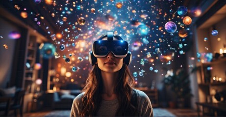 A young creative woman immersed in the digital realm, donning a virtual reality headset at home, exploring a 3D universe with avatars on the next-generation immersive social media online metaverse pla - obrazy, fototapety, plakaty