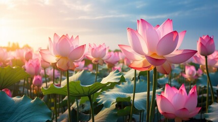 A close-up of colorful blooming lotus blossoms in a lovely landscape.