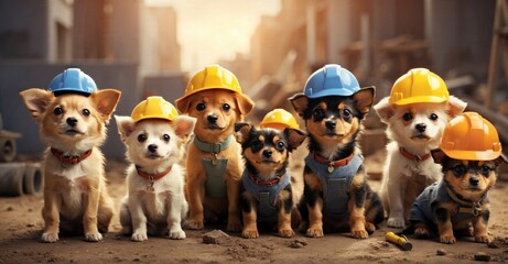 Charming illustration of a squad of petite dogs donning construction hats, forming an adorable and industrious canine construction crew - obrazy, fototapety, plakaty
