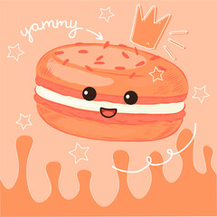 Macaron posters. Yummy sweet cookie. Cartoon food character. Smiling face. Happy cake. Cute dessert. Kawaii confectionery. Crown and stars. Orange cupcake. Vector children card design