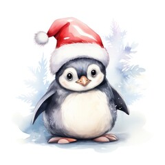 Adorable illustrated penguin with Santa hat in snowy setting. Holiday cheer and festive animal drawing.