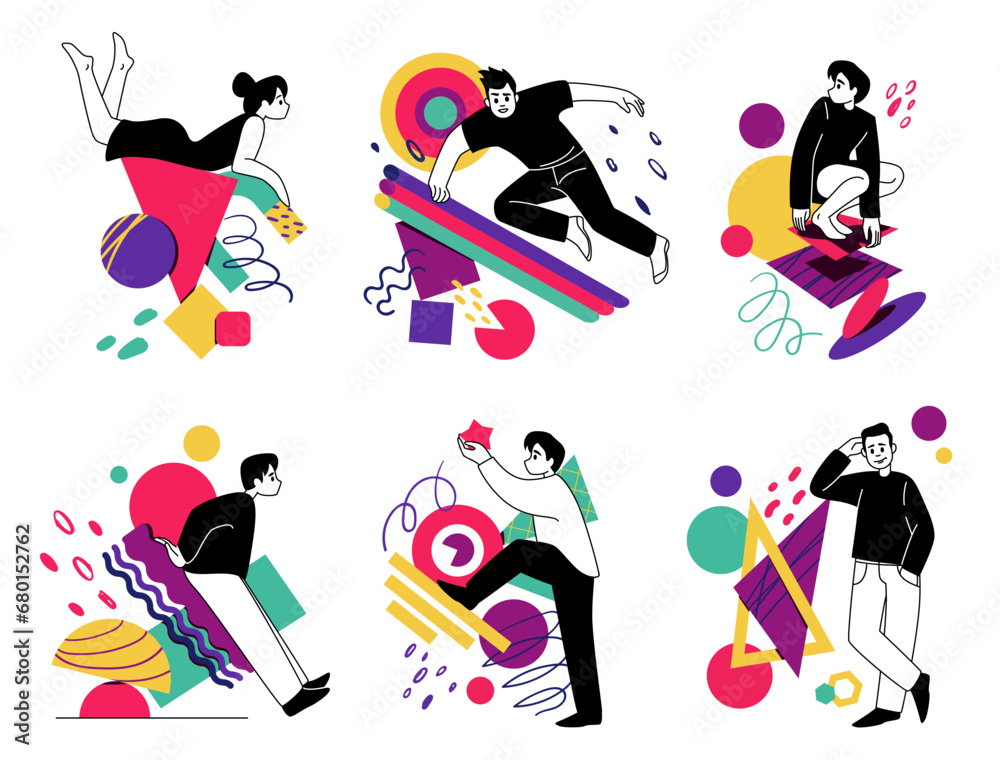 Aufkleber abstract characters. people with geometric figures. man lying on square. woman sitting on circle. mi
