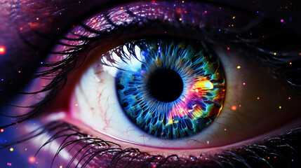 Woman eye closeup. Nebula and cosmos reflected in the eyes.  - 680152757