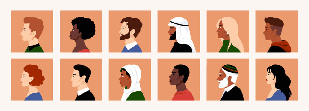 People faces. Woman and man portrait or avatar side view, old and young person head, Asian and arab girls and boys, different hairstyle, various race. Cartoon flat isolated vector set