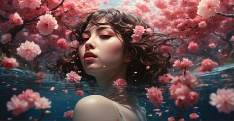 Visualization of a girl submerged underwater amidst cherry blossoms, capturing the psychedelic and harmonious essence