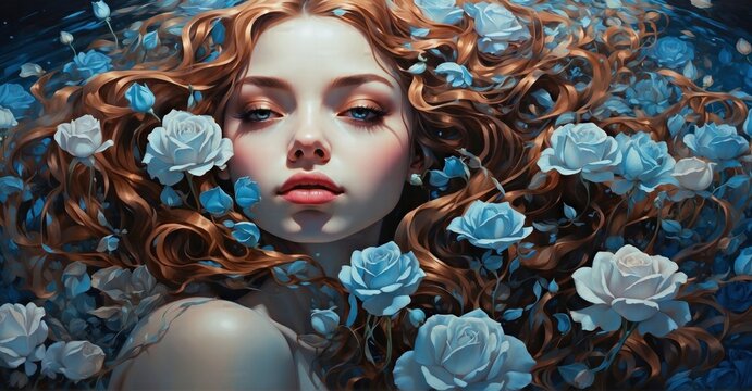 The captivating image of a girl submerged underwater, encircled by Blue Rose blossoms captures the otherworldly fusion of psychedelia and tranquil harmony