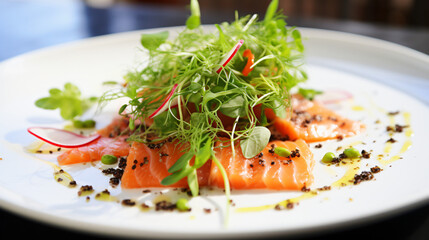 Raw salmon salad with herbs and spices on a white plate