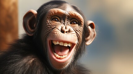 Close-up photo of a joyful young chimp with a funny grin, with text space.