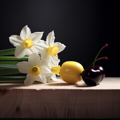 black cherries and daffodils, Sweet and cozy,minimal, modern,Directed photo, hd wallpapers , cinematography, color grading, editorial photography, photography created with Generative Ai