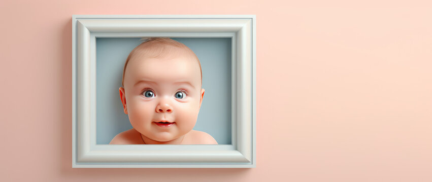 Portrait of a cute 3d baby in a photo frame. Copy space for text, baby shower banner or card template.  