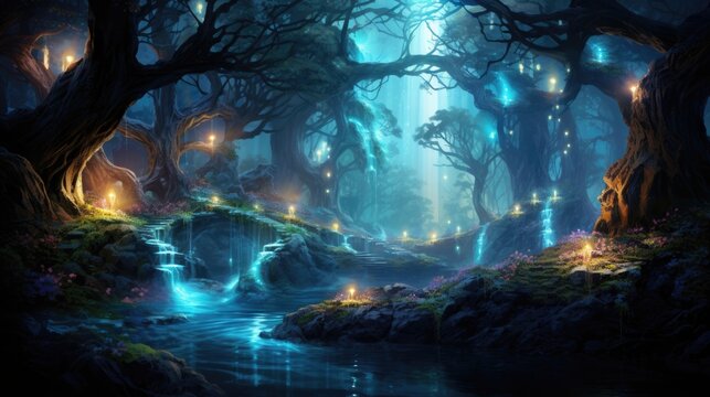 Sun-kissed mythical forest with floral abundance and peaceful waterfalls