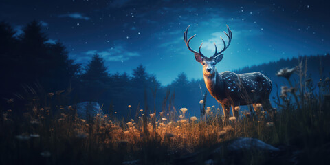 Deer in a field illuminated by moonlight
