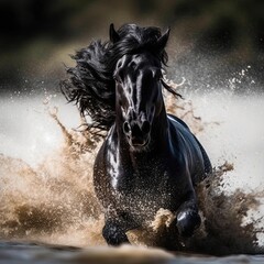 Black stallion running amidst shallow water - obrazy, fototapety, plakaty