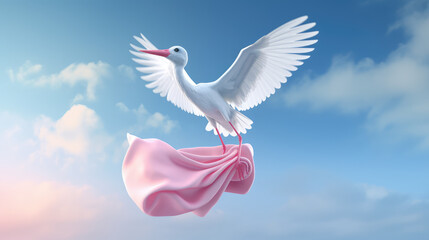 White stork, symbol of birth of a child. 3d render illustration style. Creative concept of motherhood and childhood, pink blue pastel colors.