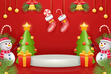 Christmas product podium. Podium with elements of pine trees, snowmen, balls, gift boxes and socks. 3d vector, suitable for sales product display