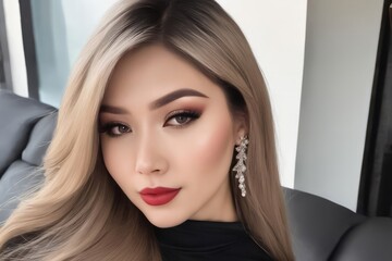 Asian girl creating selfie indoors with perfect body, big breasts, seductive, attractive, sexy, beautiful, noble, classy, ​​indoors. Model, beautiful pose.