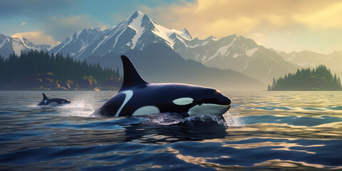 Orcas swimming in the sea with mountainous backdrop - obrazy, fototapety, plakaty