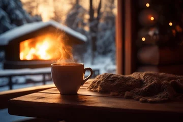 Fotobehang Cup of coffee on a table in the winter background. © Virtual Art Studio