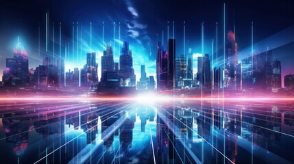 Fototapeta premium cityscape with space and neon light effect. Modern hi-tech, science, futuristic technology concept. Abstract digital high tech city design for banner background