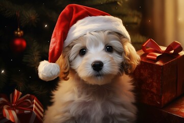 a cute puppy dog wearing a santa claus hat under a christmas tree