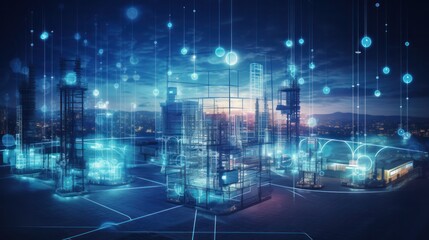 Modern factory, communication network. Telecommunication. IoT, Internet of Things, ICT, Information communication Technology,. Smart factory. Digital transformation, cloud connecting, generate by AI