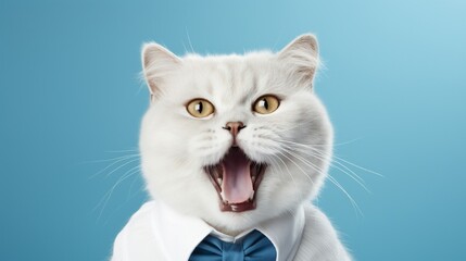 A comical white cat licks his lips on a blue background in a close-up.