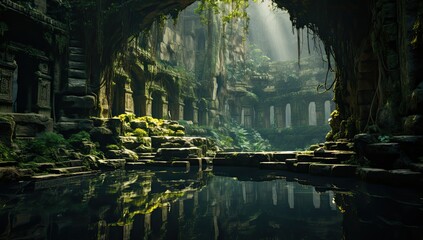 Underground temple with trees and plants
