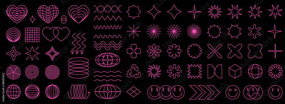 Aufkleber geometry wireframe shapes and grids, 3d hearts, cyberpunk abstract elements set in trendy psychedeli