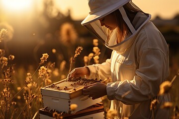 beekeeper with honey box and beehive in sunny field - obrazy, fototapety, plakaty
