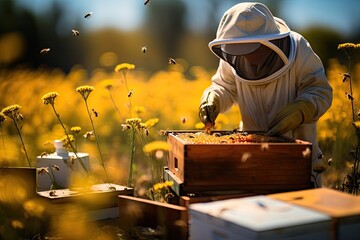 beekeeper with honey box and beehive in sunny field - obrazy, fototapety, plakaty