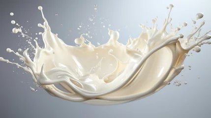 Fotobehang Splash of milk with clipping path. 3D illustration, milk, liquid, drink, splashing, motion, dairy, beverage, cream, white, fresh, food, freshness, drop, Gen AI © pinkrabbit
