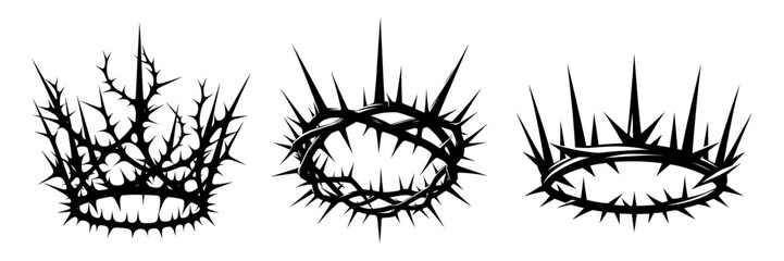 Crown of thorns icons set. Black silhouette of a religious symbol of Christianity. - obrazy, fototapety, plakaty