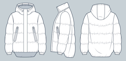 Puffer Jacket technical fashion Illustration. Hooded down Jacket, Coat fashion flat technical drawing template, pockets, front, side and back view, white, women, men, unisex Outerwear CAD mockup set. © Liubov Hladka