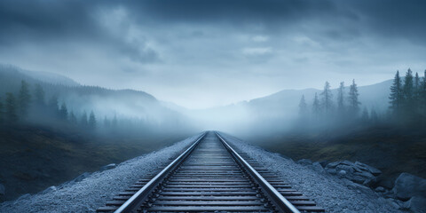 Rail tracks carrying a train through an overcast sky - obrazy, fototapety, plakaty