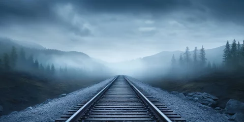 Fotobehang Rail tracks carrying a train through an overcast sky © Malika