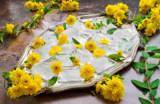 Antigua bandeja de metal con hielo y crisantemos amarillos.