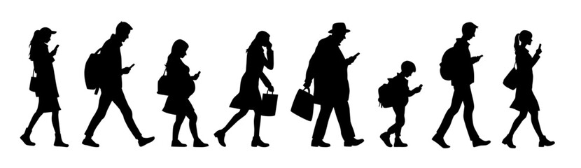 People walking with a mobile phone, people with smartphone silhouette, man walking looking at cell phone silhouette - obrazy, fototapety, plakaty