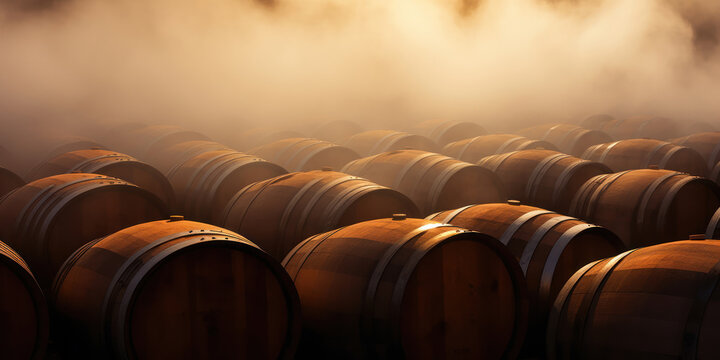 Fog encircling several wine barrels