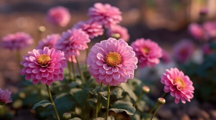 Pink chrysanthemum flowers in the garden. Nature background. Springtime Concept with Copy Space. Mothers Day Concept.