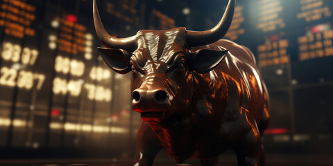 Symbolic bull in front of a stock market, numbers flickering in the background