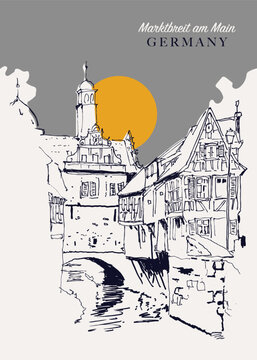 Drawing sketch illustration of Marktbreit in Bavaria, Germany