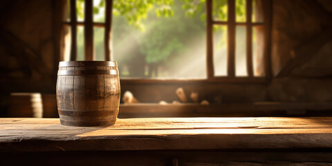 Wooden barrel placed on a table in a sunlit countryside barn
