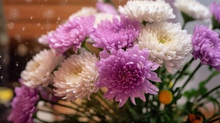 Purple and white chrysanthemums in a vase. Springtime Concept with Copy Space. Mothers Day Concept.