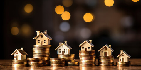 Miniature houses atop a mountain of coins